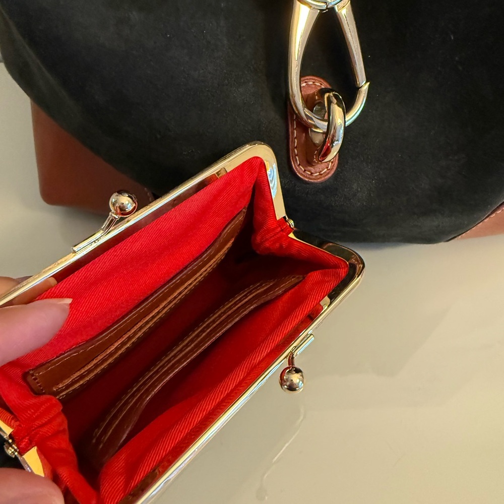 Large Dooney & Bourke Shoulder Bag - Black Suede, Leather accents, Red Interior - Picture 10 of 16